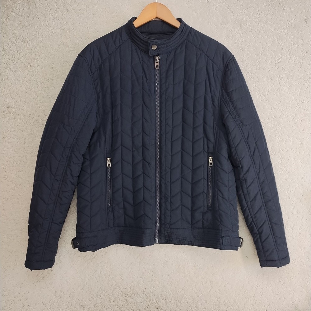 Zara Man Jacket Mens XL Quilted Navy Blue Zip Front Moto Collar Buckle Hem
